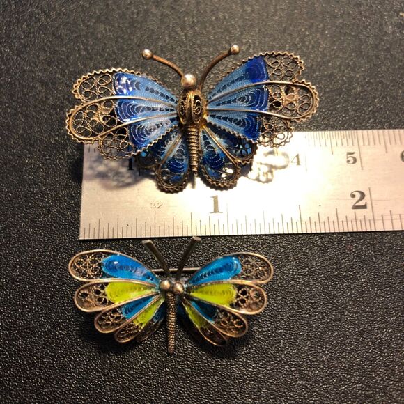 Vintage Silver Enamel Butterfly Brooch Guilloche Filigree Pin Set (2) - Picture 2 of 9